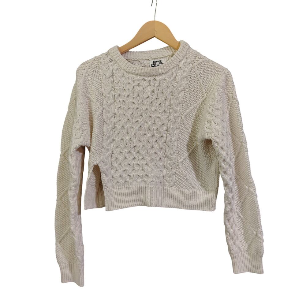 Future Collective  White Cropped Textured Knitted Cotton Sweater Small
